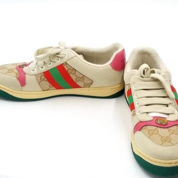 Gucci GG Logo Screener Web Stripe Beige with Pink Leather Trim Size EU39/US8.5 - Picture 4 of 9